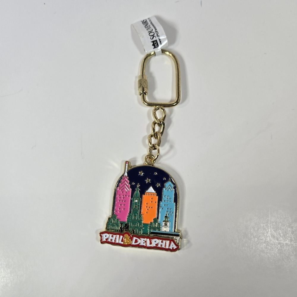 Philadelphia Skyline Keychain Gold Tone Enamel City of Brotherly Love
